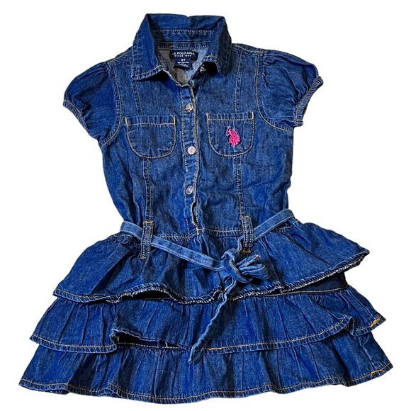 US Polo Association 3T Ruffle Tier Bottom Belted Denim Dress - Picture 1 of 6